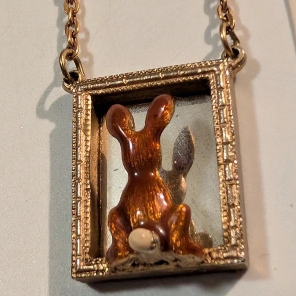 Vintage JJ Enamel Rabbit Mirror Shadow Box Necklace Gold Tone Brown Bunny